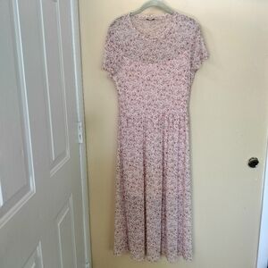 AUW Soft Pink Coral Floral Sheer Lined Maxi Dress XL Stretch Wedding Vacation